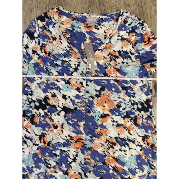 Chico's Print Top 3/4 Sleeve Blouse Comfort Casual Size 0 NWT BLUE BLACK - Picture 3 of 5